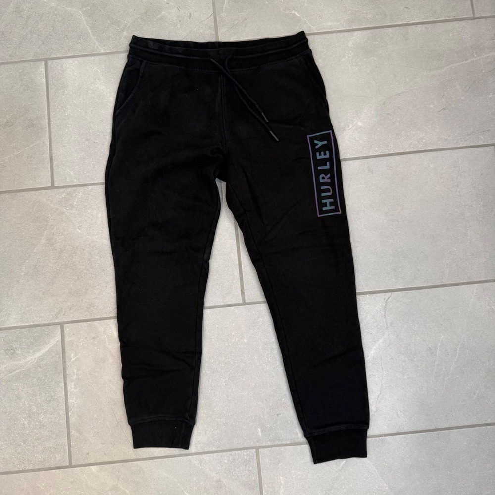 Hurley Mens Fleece Jogger Sweatpants Black Iridescent Logo Size Medium